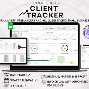 Könnte beinhalten: Ein Laptop, ein Tablet und ein Smartphone zeigen einen Google Sheets Client Tracker an. Der Bildschirm zeigt Datenvisualisierungen, Diagramme und Grafiken. Der Text enthält "Client Tracker", "Dashboard", "Revenue, Margin & % Profit" und "Invoice Log mit automatisiertem PDF-Rechnung."