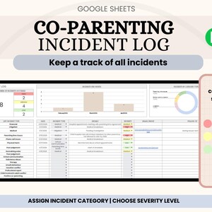 May include: A digital co-parenting incident log displayed on a tablet. The log includes sections for incident details, severity levels, and a color-coded system for easy tracking. Text includes "CO-PARENTING INCIDENT LOG" and "Keep a track of all incidents."