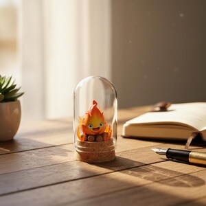 Puede incluir: Un peque&ntilde;o personaje de fuego de dibujos animados naranja y amarillo est&aacute; encerrado en una c&uacute;pula de cristal con una base de corcho. La figura tiene una cara sonriente. Una planta suculenta en una maceta peque&ntilde;a y una pluma estilogr&aacute;fica tambi&eacute;n est&aacute;n en la superficie de madera.