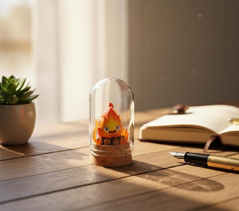 Puede incluir: Un peque&ntilde;o personaje de fuego de dibujos animados naranja y amarillo est&aacute; encerrado en una c&uacute;pula de cristal con una base de corcho. La figura tiene una cara sonriente. Una planta suculenta en una maceta peque&ntilde;a y una pluma estilogr&aacute;fica tambi&eacute;n est&aacute;n en la superficie de madera.