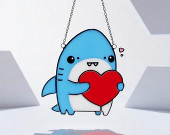 Cute Shark Stained Glass Suncatcher Holding Red Heart Acrylic Window Hanging Faux Stained Glass Decor Ocean Animal Nursery Gift