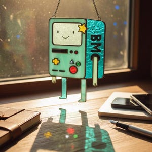 Puede incluir: Un personaje BMO de Adventure Time en vidriera, en tonos turquesa, verde y amarillo. El personaje tiene una cara sonriente, una estrella y las letras "BMC" en el lateral. Cuelga de una cadena.
