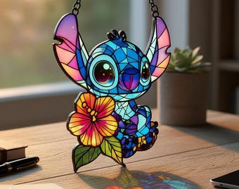 Atrapasol de resina Stitch e Hibisco – Adorno colgante tipo vitral, atrapasol brillante, decoración kawaii para habitación, regalo para fans