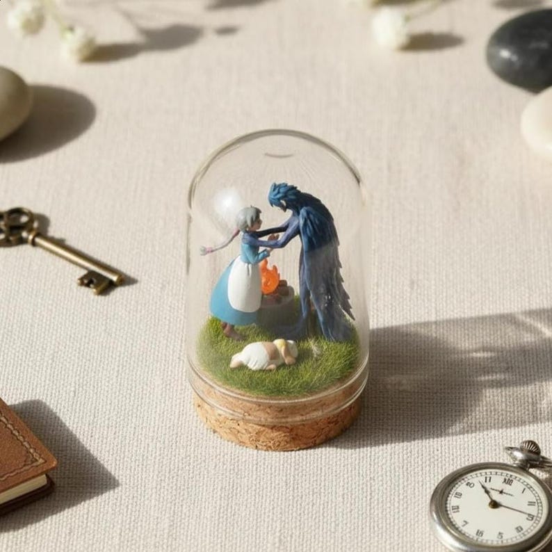 Puede incluir: Un terrario de vidrio en miniatura con una escena de dos figuras, una peque&ntilde;a fogata y un perro sobre hierba verde. Las figuras visten ropa azul y blanca. El terrario tiene una base de corcho.