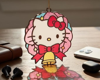 Christmas Kitty Wreath Resin Suncatcher – Faux Stained Glass Window Hanging, Festive Sun Catcher Decor, Kawaii Art Gift for Room Decor