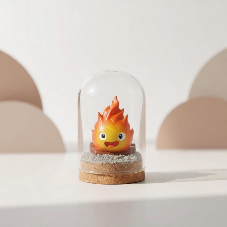 Figura de Calcifer de "El castillo ambulante" en cúpula de cristal, decoración de escritorio inspirada en el anime Studio Ghibli, regalo de arte de arcilla de demonio de fuego hecho a mano. imagen 2