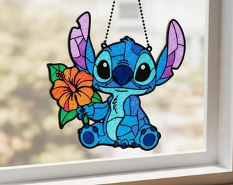 Atrapasol de resina Stitch con flor – Adorno colgante de vidriera sintética, atrapasol brillante, decoración kawaii para habitación, regalo para fans