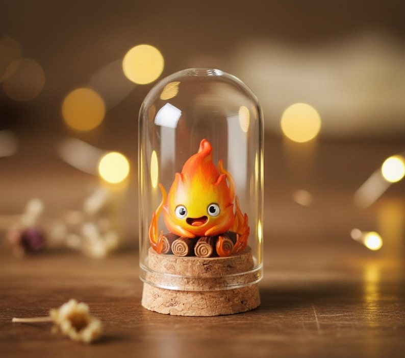 Puede incluir: Una figura caprichosa de un esp&iacute;ritu de fuego, con llamas naranjas y amarillas, encerrada en una c&uacute;pula de cristal. La base es de corcho y la figura tiene una cara sonriente. El fondo est&aacute; borroso con luces bokeh doradas y c&aacute;lidas.