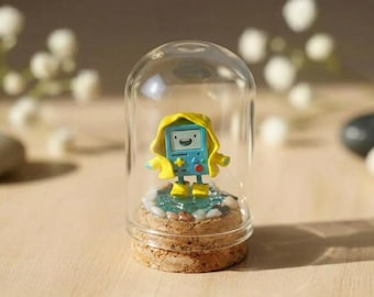 BMO In Raincoat Miniature Diorama, Adventure Time BMO Figurine In Glass Dome, Cute Video Game Character Gift