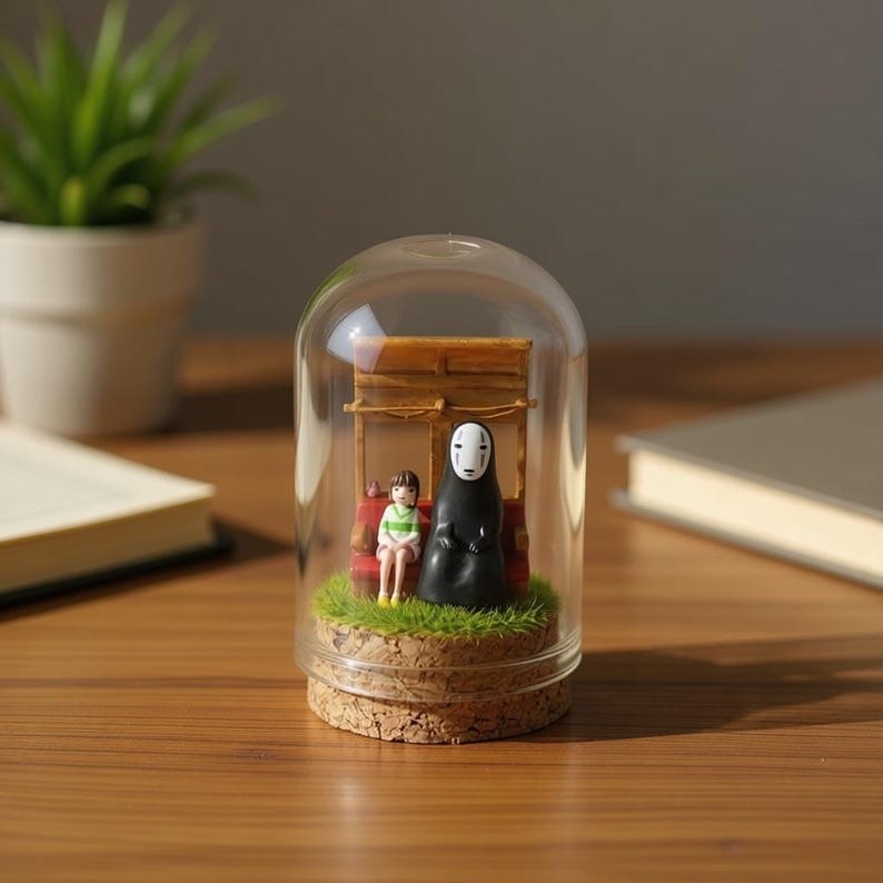 Puede incluir: Un diorama en miniatura dentro de una c&uacute;pula de cristal con dos figuras y una peque&ntilde;a estructura de madera. Una figura es una ni&ntilde;a con una camisa a rayas verdes y blancas, y la otra es una figura alta y negra con una m&aacute;scara blanca. La base es de corcho.