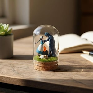 Puede incluir: Una c&uacute;pula de cristal en miniatura con un diorama de dos figuras en un abrazo rom&aacute;ntico, con una peque&ntilde;a fogata y un perro. Las figuras visten de azul y blanco, sobre un lecho de musgo verde. La c&uacute;pula tiene una base de corcho.