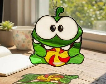 Om Nom Resin Suncatcher | Cut The Rope Fan Art Gift For Gamers | Window Hanging| Cute Green Monster Acrylic Decor Kids Room