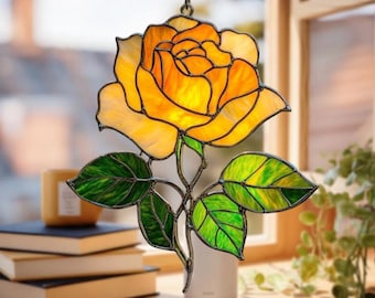 黄色のバラの花束のステンドグラスサンキャッチャー、バラの花束の窓
