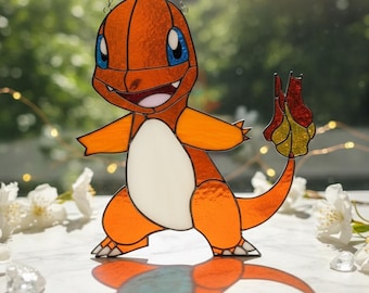 Atrapasueños de resina de Charmander, vitral de imitación para colgar en la ventana, decoración de anime, regalo único de fan art.
