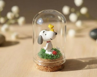Sn.oop.y And Woo.d.s.tock Miniature Glass Cloche Terrarium Figurine - Peanuts Fan Gift - Cute Desk Decor Home Accent