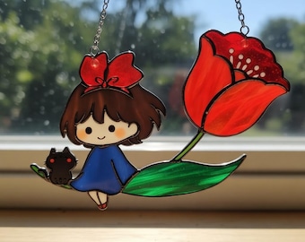 Anime Girl With Black Cat On Tulip Suncatcher, Studio Ghibli Inspired Window Hanging, Faux Stained Glass Decor, Red Flower Wall Art