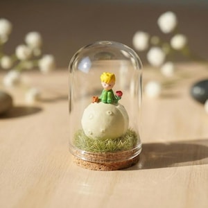 May include: A miniature diorama featuring a figurine of a young boy with yellow hair and green clothing, seated on a small, round planet. The planet is surrounded by green grass and enclosed in a glass dome with a cork base. A small fox and a red rose are also present.