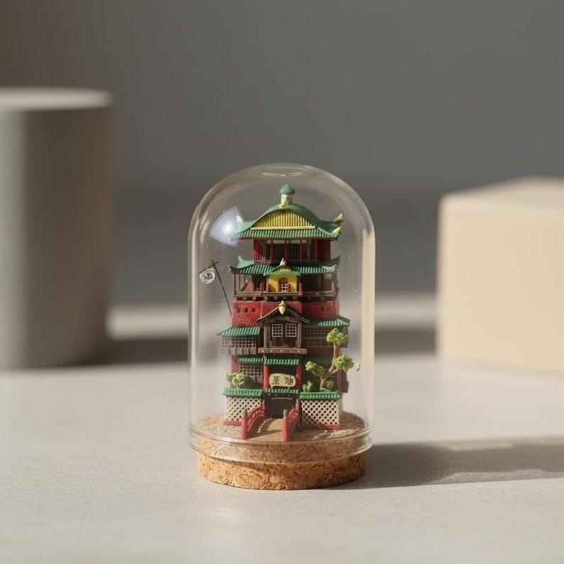 Puede incluir: Un edificio en miniatura de estilo japon&eacute;s, con detalles en rojo, verde y amarillo, est&aacute; encerrado en una c&uacute;pula de cristal. El modelo detallado se asienta sobre una base de corcho. Una peque&ntilde;a bandera es visible. Un objeto decorativo &uacute;nico.