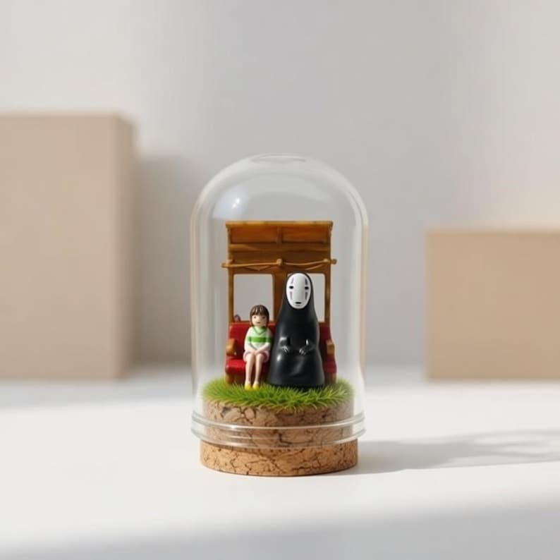 Puede incluir: Una c&uacute;pula de cristal decorativa con una escena en miniatura de una pel&iacute;cula. En el interior, una figura con una t&uacute;nica negra y un ni&ntilde;o est&aacute;n sentados en un banco rojo bajo una estructura de madera. La base es de corcho y c&eacute;sped artificial.
