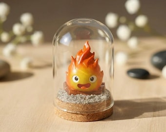 Howl's Moving Castle Calcifer Figurine In Glass Dome, Studio Ghibli Inspired Anime Desk Decor, Handmade Clay Fire Demon Art Gift