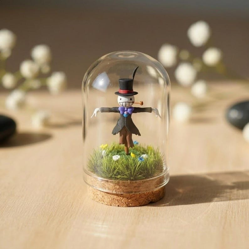 Puede incluir: Un diorama en miniatura con una figura de espantap&aacute;jaros caprichosa dentro de una c&uacute;pula de cristal. El espantap&aacute;jaros lleva un sombrero de copa negro, un abrigo y una pajarita morada, de pie sobre un lecho de hierba verde con peque&ntilde;as flores. La c&uacute;pula descansa sobre una base de corcho.