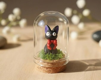 Terrario en miniatura de cristal con cúpula de Jiji, gato negro, regalo inspirado en Kiki, la aprendiz de bruja de Studio Ghibli, figura de gato de anime hecha a mano.