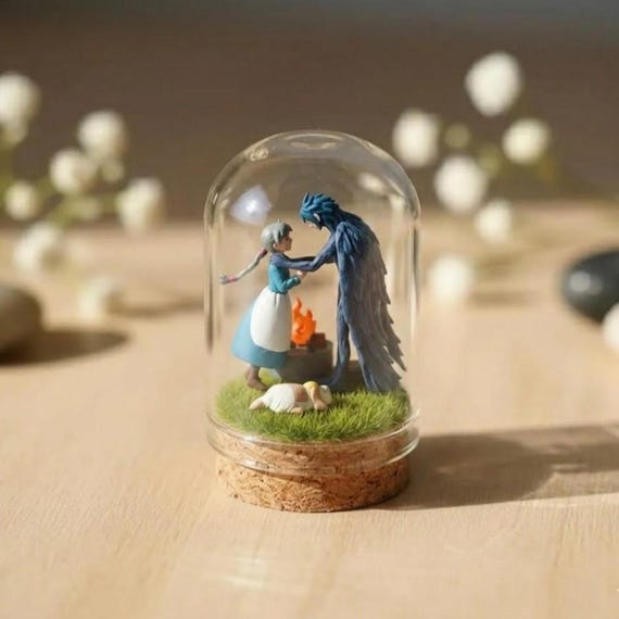 Sophie and Howl Couple Diorama Glass Cloche| Fanmade Howl's Moving Castle Painted Anime Figurine | Gh|bli Gift For Anime Fans