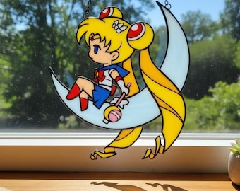 Magisk flicka månharts solfångare – konstmålat glas anime fönsterdekor, halvmåne solfångare, kawaii present till animeälskare