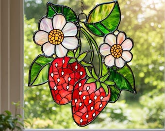 Strawberry Suncatcher, Vibrant Fruit Window Hanging, Daisy Flower Garden Decor, Spring Home Accent, Unique Gift Idea