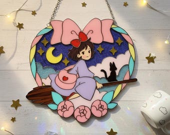 Kiki Suncatcher Faux Buntglas Fensterbehang Anime Zimmer Dekor Witchy Herz Art Studio Ghibli Geschenk