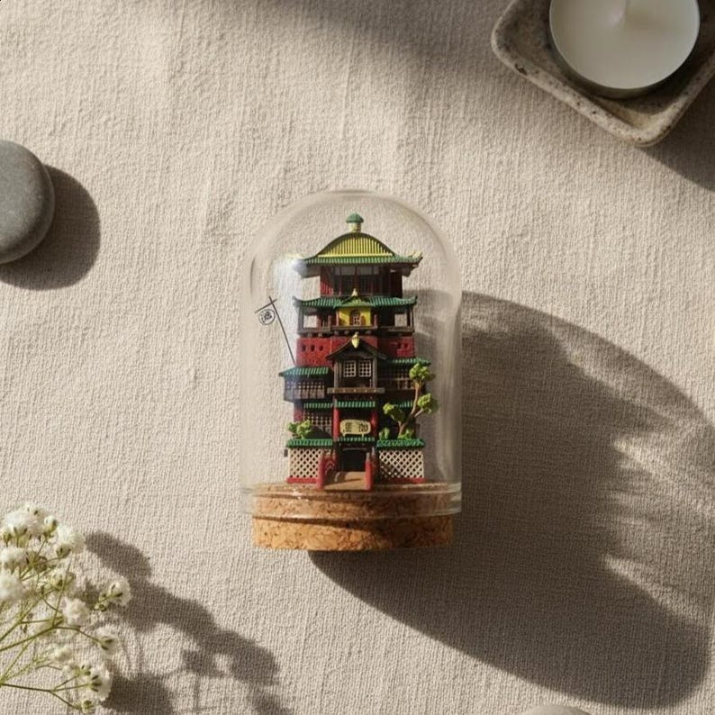 Puede incluir: Un edificio en miniatura de estilo japon&eacute;s, con detalles rojos, verdes y amarillos, est&aacute; encerrado en una c&uacute;pula de cristal. El edificio descansa sobre una base de corcho. Una peque&ntilde;a bandera es visible. La c&uacute;pula est&aacute; sobre una superficie beige.