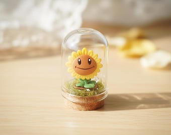 Terrario en miniatura de girasol de Plants Vs Zombies, diorama, bonito personaje del juego, decoración de escritorio, regalo geek, cúpula de vidrio transparente con base de corcho.