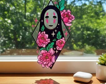No-Face Peony Suncatcher, Handmade Resin Ghibli Window Decor, Spirited Away Light Catcher, Unique Anime Fan Art Gift