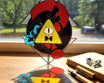 Atrapasol triangular de resina de Bill Cipher: decoración para ventana con efecto teñido, diseño de dibujos animados, merchandising de Gravity Falls para fans, decoración para habitaciones nerd