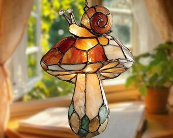 Enchanting Mushroom Snail Resin Window Art, Handcrafted Faux Stained Glass Suncatcher, Woodland Fairy Decor, Rustic Home Accent