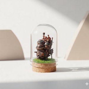 Puede incluir: Una maqueta detallada de un castillo de estilo steampunk, encerrada en una c&uacute;pula de cristal. El castillo es principalmente marr&oacute;n con detalles intrincados, colocado sobre un lecho de hierba verde y montado sobre una base de corcho. La c&uacute;pula descansa sobre una superficie blanca.