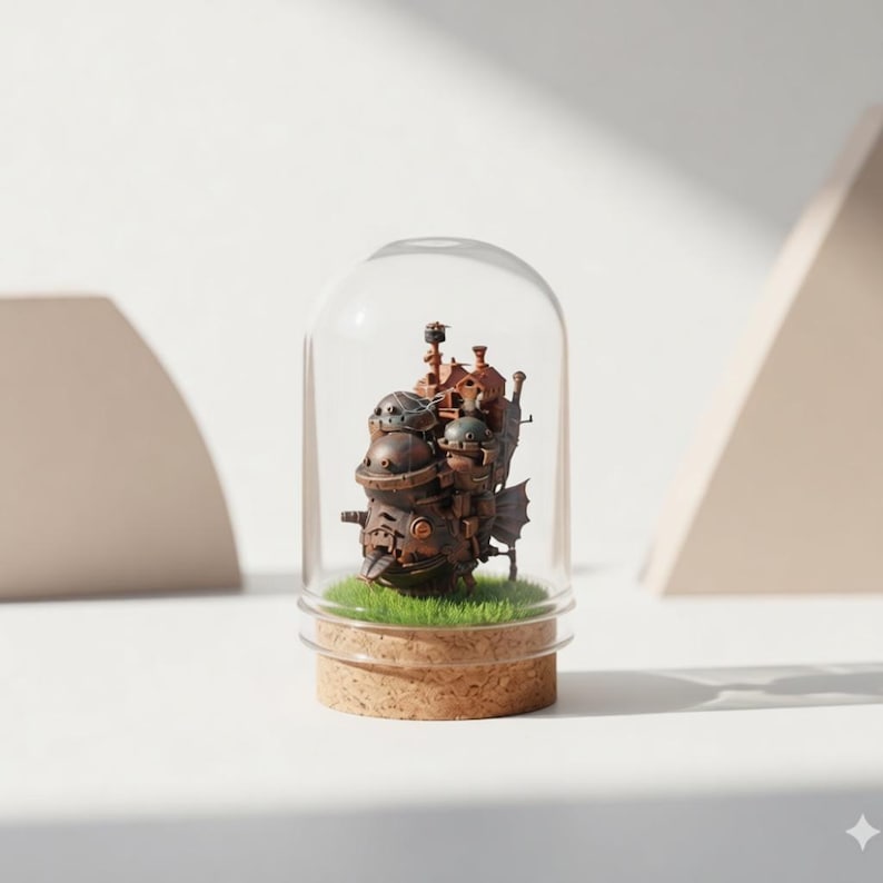 Puede incluir: Una maqueta detallada de un castillo de estilo steampunk, encerrada en una c&uacute;pula de cristal. El castillo es principalmente marr&oacute;n con detalles intrincados, colocado sobre un lecho de hierba verde y montado sobre una base de corcho. La c&uacute;pula descansa sobre una superficie blanca.
