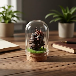 Puede incluir: Una escultura en miniatura detallada de un veh&iacute;culo fant&aacute;stico, encerrada en una c&uacute;pula de cristal. La escultura es marr&oacute;n y presenta detalles intrincados, colocada sobre un lecho de c&eacute;sped artificial verde. La c&uacute;pula se asienta sobre una base de corcho.