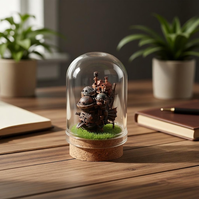 Puede incluir: Una escultura en miniatura detallada de un veh&iacute;culo fant&aacute;stico, encerrada en una c&uacute;pula de cristal. La escultura es marr&oacute;n y presenta detalles intrincados, colocada sobre un lecho de c&eacute;sped artificial verde. La c&uacute;pula se asienta sobre una base de corcho.