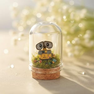 Könnte beinhalten: Eine Miniatur-Roboterfigur in Gelb und Grau in einer Glaskuppel mit Korksockel. Der Roboter hat große, ausdrucksstarke Augen und sitzt auf einem Bett aus grünem Moos mit kleinen bunten Objekten. Der Hintergrund ist unscharf mit weißen Blumen.