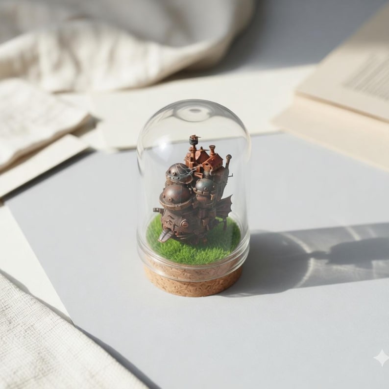 Puede incluir: Un modelo en miniatura detallado de un castillo de estilo steampunk dentro de una c&uacute;pula de cristal. El modelo es principalmente marr&oacute;n con detalles verdes, sobre c&eacute;sped artificial y una base de corcho. La c&uacute;pula descansa sobre una superficie gris clara.