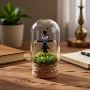 Puede incluir: Una campana de cristal decorativa con base de corcho alberga una figura caprichosa de un espantap&aacute;jaros. La figura est&aacute; colocada sobre un lecho de hierba verde y peque&ntilde;as flores. El espantap&aacute;jaros lleva un sombrero de copa y un abrigo negros.