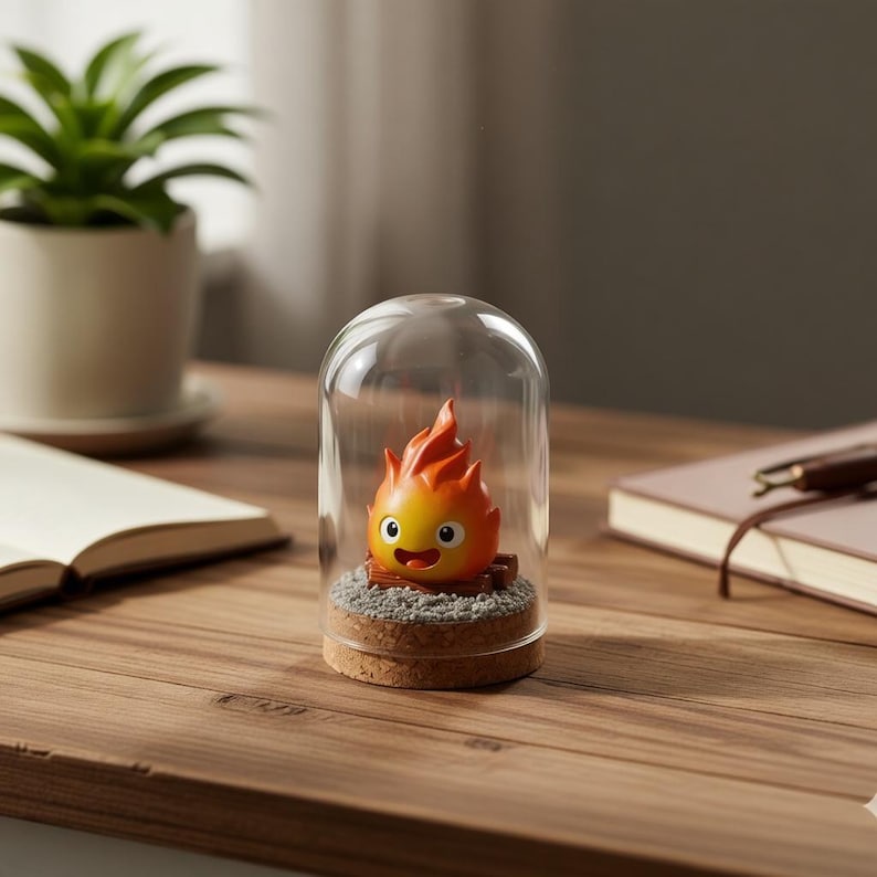 Figura de Calcifer de "El castillo ambulante" en cúpula de cristal, decoración de escritorio inspirada en el anime Studio Ghibli, regalo de arte de arcilla de demonio de fuego hecho a mano. imagen 4