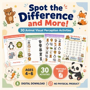 Może przedstawiać: Cyfrowy zestaw zadań zatytułowany Spot the Difference and More! 30 Animal Visual Perception Activities dla dzieci w wieku 4-6 lat. Zawiera cztery strony do druku z zagadkami o zwierzętach, dopasowywaniem cieni i arkuszem postępów.