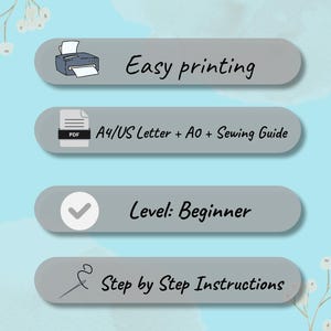 May include: A light blue graphic with four gray ovals containing text and icons. The top oval says "Easy printing" with a printer icon. The second oval says "A4/US Letter + AO + Sewing Guide" with a PDF icon. The third oval says "Level: Beginner" with a checkmark. The fourth oval says "Step by Step Instructions" with a needle and thread icon.