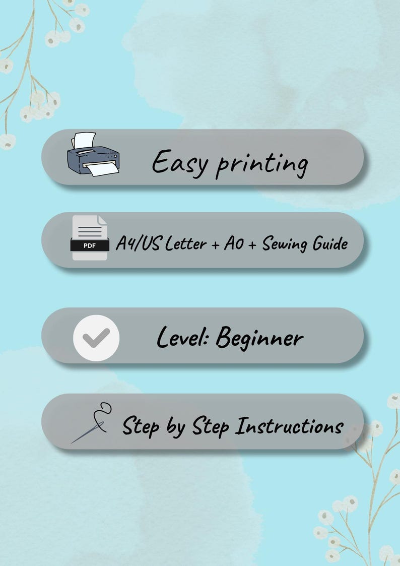 May include: A light blue graphic with four gray ovals containing text and icons. The top oval says "Easy printing" with a printer icon. The second oval says "A4/US Letter + AO + Sewing Guide" with a PDF icon. The third oval says "Level: Beginner" with a checkmark. The fourth oval says "Step by Step Instructions" with a needle and thread icon.