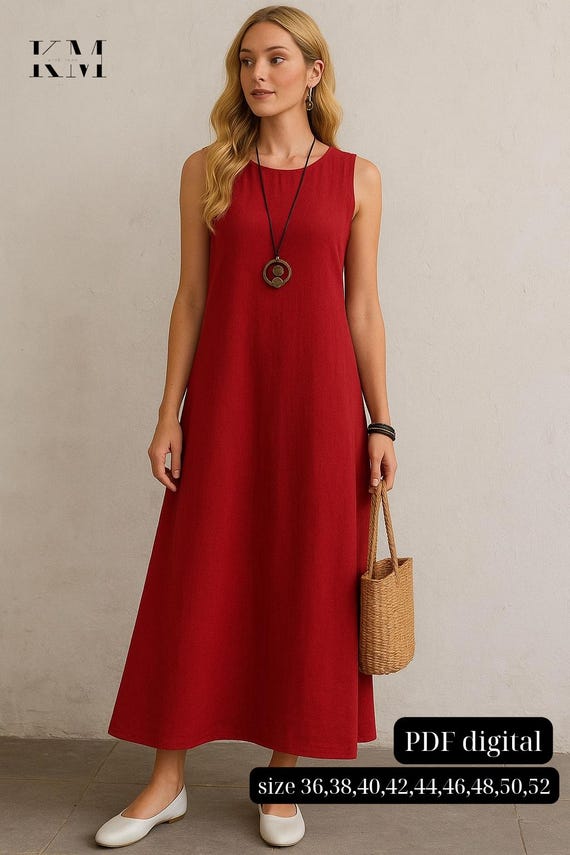 Linen Maxi Dress Sewing Pattern | Digital PDF Pattern | Sleeveless Summer Dress | Loose Fit A-Line Dress | Boho Casual Outfit