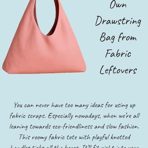 May include: A coral-colored drawstring tote bag with knotted handles. The bag is made from fabric leftovers, promoting eco-friendly fashion. Text on the image reads: #EcoFashion: Make Your Own Drawstring Bag from Fabric Leftovers.
