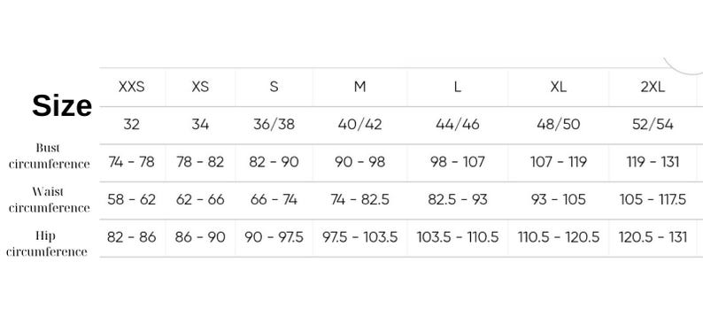 May include: A white size chart with the word "Size" in bold black letters. The chart lists sizes from XXS to 2XL, with corresponding bust, waist, and hip circumference measurements in inches.