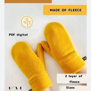 May include: A pair of bright yellow fleece mittens for children aged 3-9 years. The mittens have a two-layer construction. The image includes the text "MITTENS", "MADE OF FLEECE", "PDF digital", and "Sizes 3-9 years".